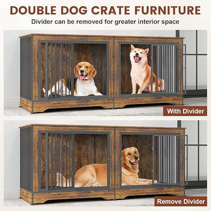75 Inch Double Dog Crate Furniture, 3 in 1 Dog Cage for Large Dogs, Durable Brown TV Stand Dog Crate with Trays and Divider, Double Dog Kennel for 2 Dogs