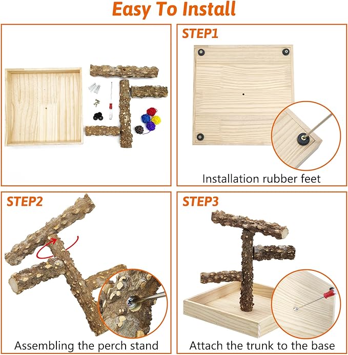 BNOSDM Portable Bird Perch Stand with Potty Tray, Natural Wood Tabletop Training Gym Parrot Playground Toy for Budgies, Cockatiels, Lovebirds,Conures Canaries
