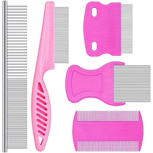 Cunhill 5 Pieces Dog Flea Combs for Grooming Lice Tick Comb for Small Dogs Puppies Stainless Steel Teeth Tear Stain Remover 2-in-1 with Round Teeth to Remove Knots Crust Mucus
