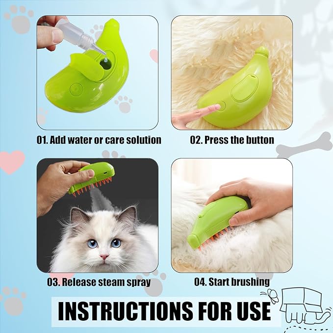 Cat Steam Brush with Water Steamy Pet Brush Spray Misty Cat Brush for Deshedding with Charging Cable Silicone ALD-001-G (Banana Green)