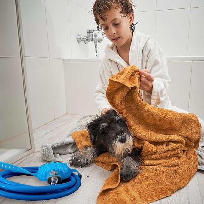 Dog Shower Attachment - Kit Pet Washing - Hose Grooming Brush - Scrubber for Bath - Cats and Dogs Bathing Supplies, Easy Installation, With Water Diverter and Sprayer, Metal Reinforcement