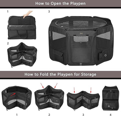 DONORO Dog Playpen Portable Pet Play Pens for Small Dog/Cat/Rabbit/Chicks, Cat Playpen Indoor/Outdoor with Carring Case, Removable Zipper Top and Bottom (Black, Small (29"x29"x15"), 8)