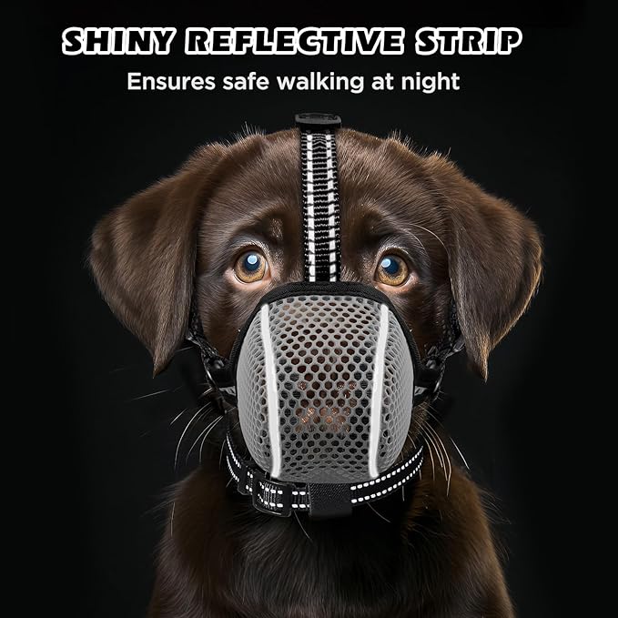 Dog Muzzle,Mesh Soft Muzzle for Small Medium Large Sized Dogs, Breathable Reflective Adjustable Puppy Muzzles with Collar for Scavenging Grooming Biting Chewing,Allows Panting and Drinking(Grey XL)