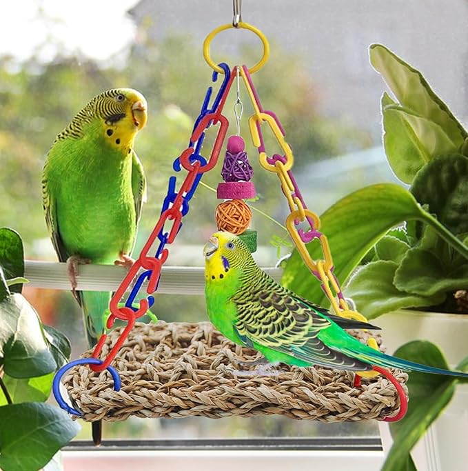 Bird Swing Toy Seagrass Mat, Natural Sea-Weed Woven Parrot Hammock Swing Bird Net Hammock Mat Climbing Swing Mat with Colorful Chewing Rope Toys for Parakeets, Budgie,Conure,Cockatiel,Lovebird