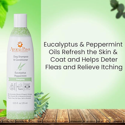 Dog Shampoo and Conditioner - Aromatic Tearless Shampoo for Cleansing, Grooming, and Conditioning - Moisturizing Shampoo for Dogs and Puppies - Eucalyptus Peppermint 13.5 oz