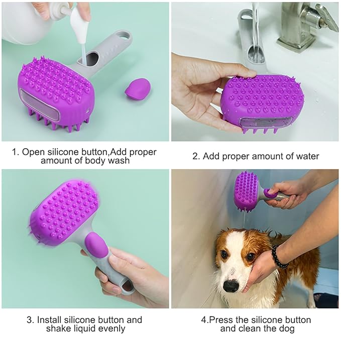 2 in1 Silicone Dog Cat Bath Brush, Pet Shampoo Brush Scrubber Massage Dispenser, Soft Silicone Grooming Shower Brush for Short Long Haired Dogs and Cats Washing (Blue)