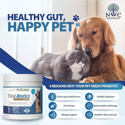 NWC Naturals Total-Biotics, Cat & Dog Probiotics for Digestive Health with Prebiotic, Unflavored Probiotic for Dogs & Cats, Supplement for Gut, Skin, Coat, Upset Stomach Relief, 365 Servings, 8 Ounces