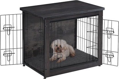 DWANTON Dog Crate Furniture with Cushion, Wooden Kennel Table with Double Doors, Indoor Dog House, Small/Medium/Large/Extra Large Size, 27.2" L, Dark Gray