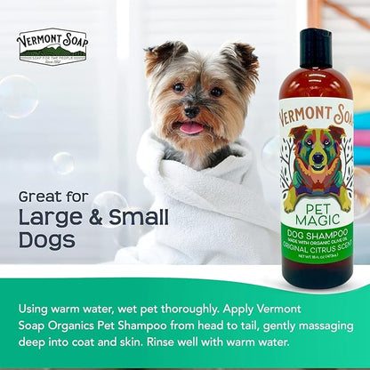 Vermont SOAP Organics Pet Shampoo - Infused with Organic & Natural Olive Oil, Coconut & Aloe Vera Dog Shampoo for Sensitive Skin - USDA Certified Grooming Pet Shampoo - Original Citrus (16oz)