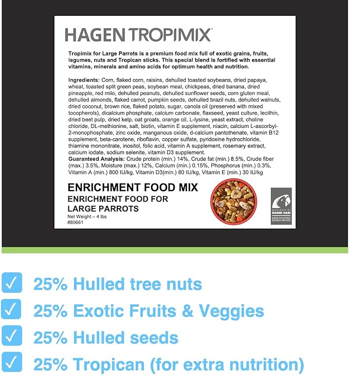 Tropimix Bird Food, Hagen Large Parrot Food with Seeds, Fruit, Nuts, Vegetables, Grains, and Legumes, Enrichment Food, 4 lb Bag (Pack of 2)