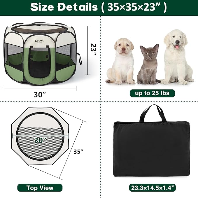 Love's cabin Pet Puppy Dog Playpen, Medium Dog Tent Crates Cage Indoor/Outdoor, Portable Playpen for Cat, Foldable Pop Up Dog Kennel Playpen with Carring Case, Removable Zipper Top, Olive Green