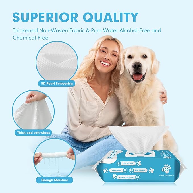 200 Cleaning & Deodorizing Guaranteed Dog Grooming Wipes - Hypoallergenic Pet Wipes for Allergies & Itching - Thick Puppy Wipes for Paws, Butt, Coat, Face & Body, Home & Travel Use, Unscented