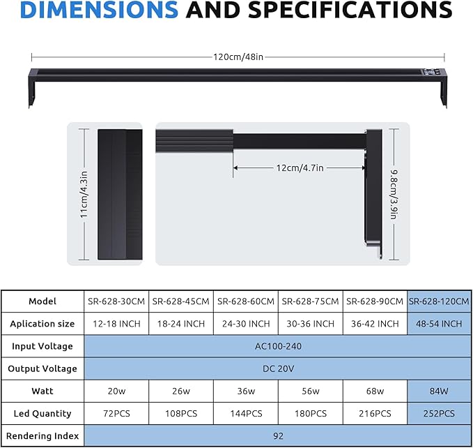 SEAOURA 24/7 LED Aquarium Light for 48-54 Inch Fish Tank, Fish Tank Light for Plants, Auto On Off with Timer, 9 Colors, Adjustable Brightness, Daylight & Moonlight, DIY and Nature Weather Mode, 84W