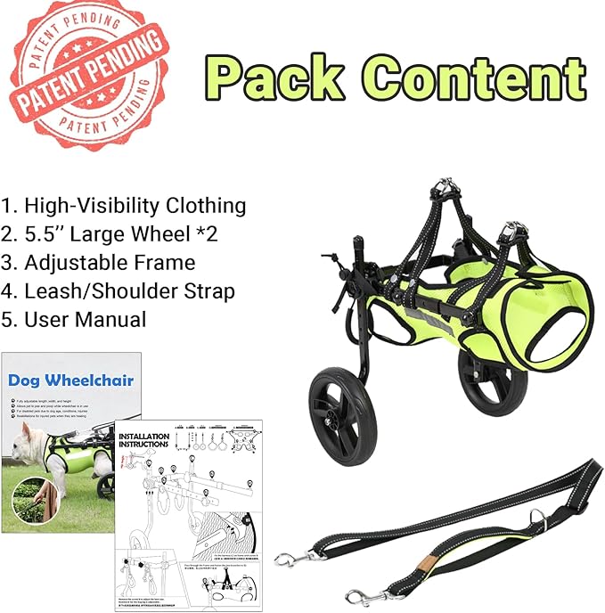 Adjustable Dog Wheelchair for Back Legs, Max 22 lbs - Includes High-Visibility Vest, Leash & Sling Lift, for Paralyzed, Injured, or Disabled Dogs