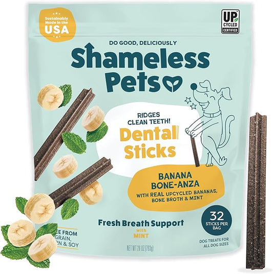 Shameless Pets Banana Bone-Anza Dental Treats for Dogs - Dental Sticks with Hip & Joint Support for Teeth Cleaning & Fresh Breath - Grain, Corn & Soy Free (32 Sticks)