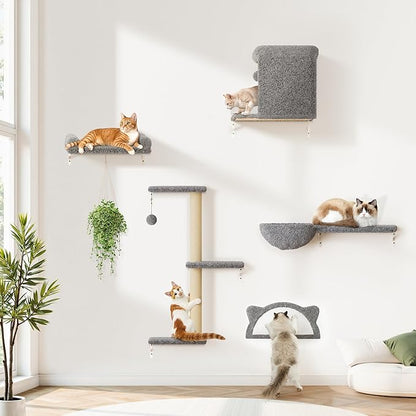 Cat Wall Shelves 5-in-1 Modern Climbing Wall Furniture Set for Cats with Scratching Posts, Cat Bed & Sofa, Space-Saving Perch for 16" Drywall, Light Gray