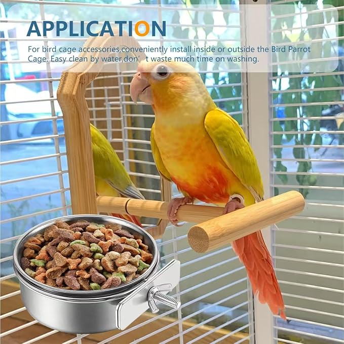 2Pcs Stainless Steel Bird Feeding Bowls, Small Bird Feeding Cup, Stainless Steel Parrot Food Bowl Cage with Holder, Parrot Cage Water Feeder, Pet Cage Cup Holder