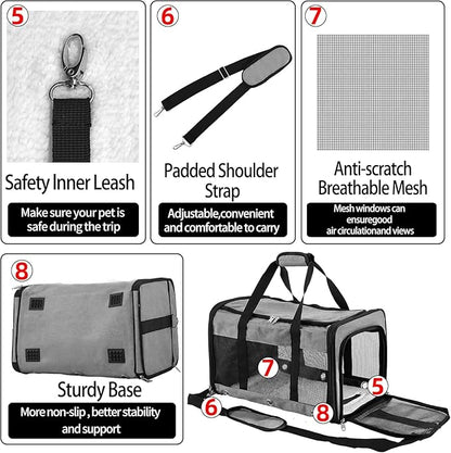 Soft Sided Cat/Dog Carrier,Collapsible Pets Travel Carriers for Pet/Puppy with Shoulder Strap & Removable Mat,Mesh Top Load Small Dogs/Cats Carry Bag Up to 17 Lbs TSA Airline Approved（Grey,M）