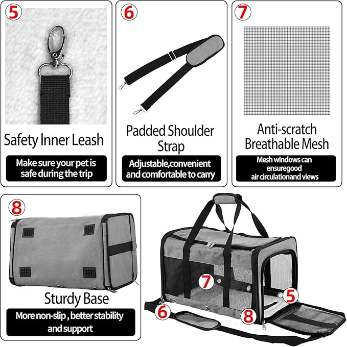 Soft Sided Cat/Dog Carrier，Collapsible Mesh Pets Travel Carriers for Pet/Puppy with Shoulder Strap & Removable Mat，Top Load Small Dogs/Cats Carry Bag Up to 25 Lbs（Grey - L）