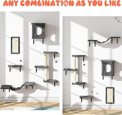 NUNU LAB Cat Wall Shelves Set, 5 Pcs Wall-Mounted Cat Climber with Condo House, Bridge Ladder, Scratching Post, Indoor Cat Furniture Set, Gray
