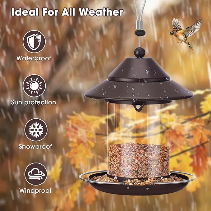 Metal Roof Bird Feeder, Bird Feeders for Outdoors Hanging with Clear Tube Seed Capacity for Cardinal Finch, Chew Proof Wild birdfeeders for Garden Yard Outside
