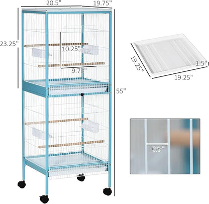 PawHut Large Bird Cage with 1.7 ft. Width for Wingspan, Bird Aviary Indoor with Multi-Door Design, Fit for a Canary, Finch, Conure, 55", Light Blue