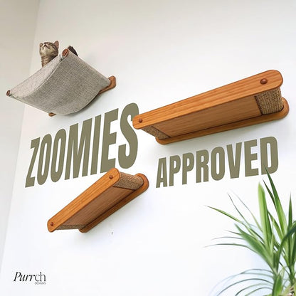 The Play Series – Wall-Mounted Cat Hammock & Two Sisal-Wrapped Shelves – Built for Climbing, Lounging, Scratching, and Play – for Playful, Happy Cats – Modern Bamboo Cat Furniture