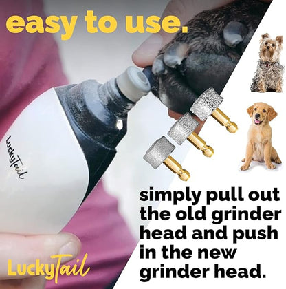 LuckyTail - Dog Nail Grinder - Regular, Hard & Soft Replacement Head - Small & Large Dogs - Premium Quality - Diamond Tip Drill Bit - Professional Dog Nail Trimmers - Grooming Kit - 3 Pack