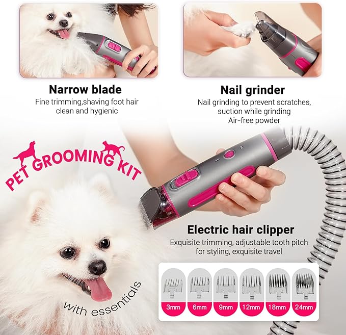 Dog Grooming Kit, Dog Grooming Vacuum, 13000Pa Upgrade Strong Pet Grooming Vacuum for Pets, Scalable Dust Cup, Low Noise, 10 Tools Shedding Grooming for Pet Hair (Rose red)