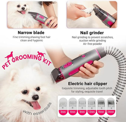 Dog Grooming Kit, Dog Grooming Vacuum, 13000Pa Upgrade Strong Pet Grooming Vacuum for Pets, Scalable Dust Cup, Low Noise, 10 Tools Shedding Grooming for Pet Hair (Rose red)