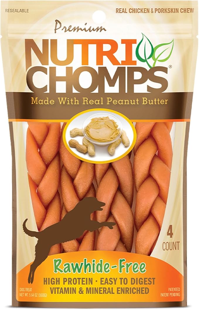 NutriChomps Dog Chews, 6-inch Braids, Easy to Digest, Rawhide-Free Dog Treats, Healthy, 4 Count, Real Peanut Butter Flavor