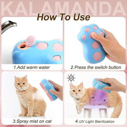 Cat Steam Brush for Shedding, 4 in 1 Steamy Cat Brush with Cleanser, Dog Massage Grooming Brush with Release Button, Pet Hair Cleaning Misting Comb for Kitten(Blue Paw)