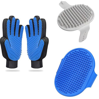 3PCS Grooming Brush Set for Pets: Shampoo Scrubber for Dog/Cat Bathing, Shedding Massage Gloves, Hair Fur Remover