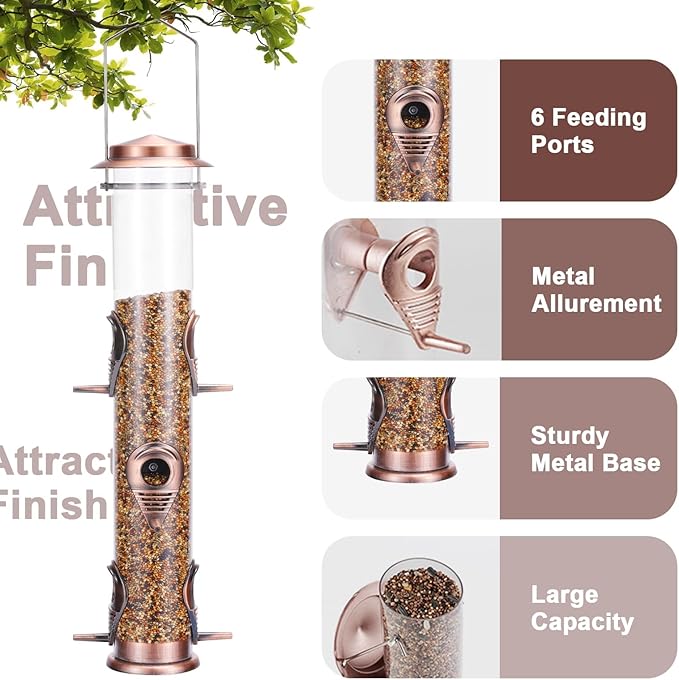 MIXXIDEA 2PK Metal Bird Feeders with 6 Feeding Ports,Tube Bird Feeder with Steel Hanger,Wild Bird Feeder for Outdoors Hanging, Attracting Birds in Your Lawn, Garden, Balcony (Antique Copper)