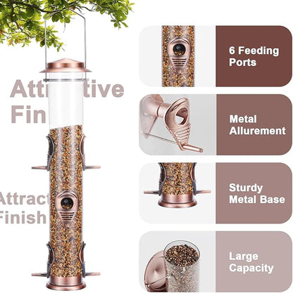 MIXXIDEA 2PK Metal Bird Feeders with 6 Feeding Ports,Tube Bird Feeder with Steel Hanger,Wild Bird Feeder for Outdoors Hanging, Attracting Birds in Your Lawn, Garden, Balcony (Antique Copper)