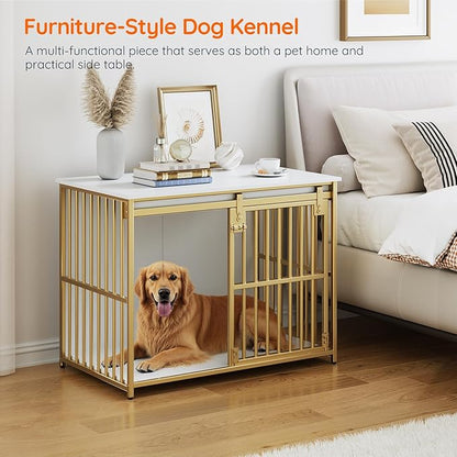 HOOBRO Dog Crate Furniture, 36.6" Heavy Duty Dog Kennel with Sliding Barn Door, Wooden Dog Cage Indoor, Decorative Side End Table for Small/Medium Dogs, White and Gold GD162GW03G1