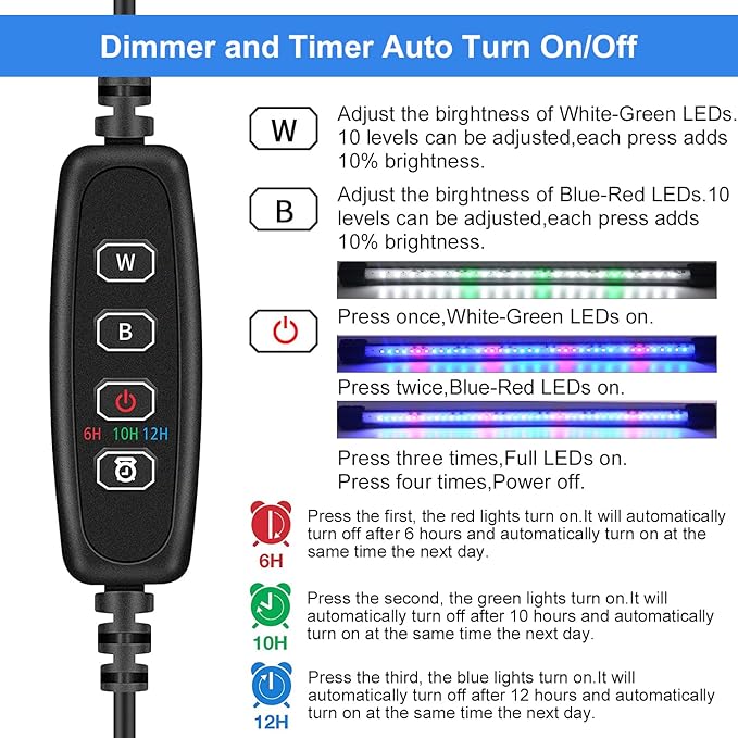 VARMHUS Submersible LED Aquarium Light,Fish Tank Light with Timer Auto On/Off Dimming Function,3 Light Modes Dimmable&4-Color LED,10 Brightness Levels Optional&3 Levels of timed Loop 18LEDS-11.5''