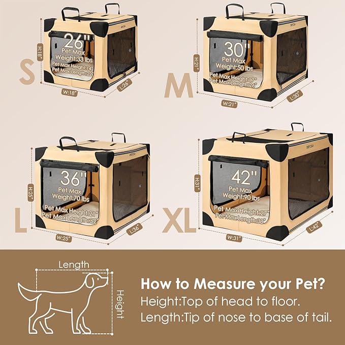 EHEYCIGA Collapsible Dog Crate 30 Inches, Portable Travel Crate for Medium Dogs, Soft Foldable Pet Kennel with 4-Door Mesh Windows Indoor & Outdoor, Beige