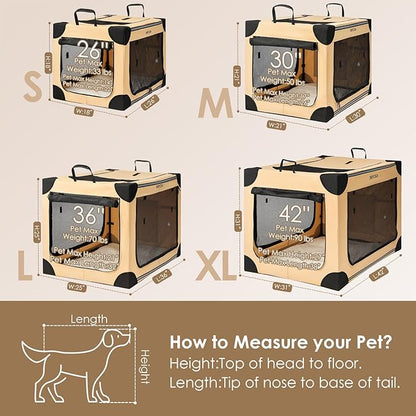 EHEYCIGA Collapsible Dog Crate 30 Inches, Portable Travel Crate for Medium Dogs, Soft Foldable Pet Kennel with 4-Door Mesh Windows Indoor & Outdoor, Beige