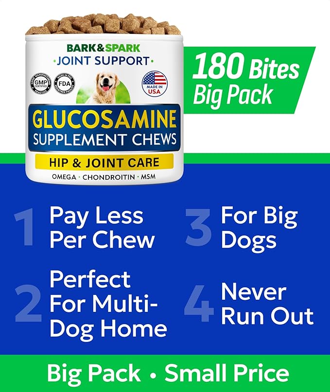 Bark&Spark Glucosamine Chondroitin Dog Hip & Joint Supplement - Joint Pain Relief - Hip & Joint Chews - Joint Support Large Small Breed - Senior Doggie Vitamin Pill Joint Health (180 Treats - Chicken)