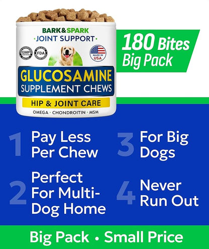 Bark&Spark Glucosamine Chondroitin Dog Hip & Joint Supplement - Joint Pain Relief - Hip & Joint Chews - Joint Support Large Small Breed - Senior Doggie Vitamin Pill Joint Health (180 Treats - Chicken)