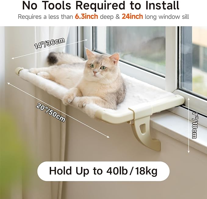 MEWOOFUN Cat Window Sill Perch for Indoor Cats, One-Step Sliding Clamping Slot Adjustment Cat Window Hammock with Removable Covers, Cat Bed for Windowsill & Bedside (Beige, Medium)