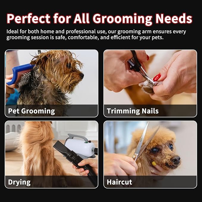 Dog Grooming Table Arm with Hammock - Adjustable Height, Pet Grooming Hammock, No Sit Haunch Holders, Loop Noose Heavy-Duty Clamp (Stainless Steel)