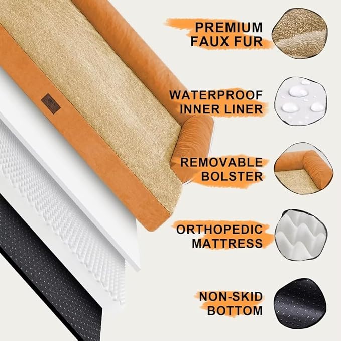 Large Dog Bed Orthopedic Washable, Orthopedic Dog Beds for Large Dogs with Washable Cover, Removable Bolster and Non-Slip Bottom Orange Large Dog Beds, XL XLarge Extra Large Dogs