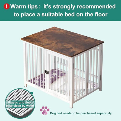 Heavy Duty Dog Crate Furniture, Fully Assembled exc. Locks, All Metal Frame & Wooden Tabletop, Modern Kennel for Small Dog, End Table, Sturdy, Foldable, White/Rustic Brown