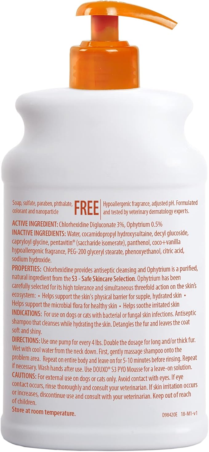 Douxo S3 Pyo Shampoo, Contains 3% Chlorhexidine & 0.5% Ophytrium, Antiseptic & Hydrating, For Bacterial or Yeast Skin Infections, For Dogs and Cats, 16.9 fl. oz. (500mL)