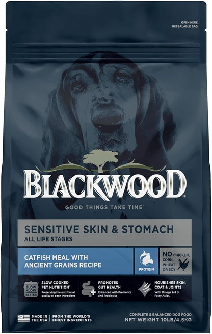 Blackwood Sensitive Skin & Stomach Dry Dog Food, Catfish Meal & Brown Rice with Ancient Grains, 10 Pound Bag with Prebiotics & Probiotics to Promote Gut Health