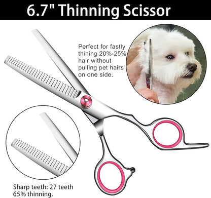 Dog Grooming Scissors with Safety Round Tip Pet Grooming scissors Kit Dog Shears kit Incudes Thinning Curved Straight Grooming Scissors Nail Clippers Nail File and Comb for dogs cats