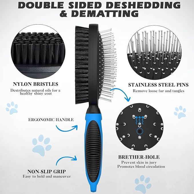2PCS Dog Grooming Tools - Double-Sided Bath Brush for Shedding and Bathing, Suitable for Short/Long Haired Dogs, Premium Pet Supplies (Black Blue)