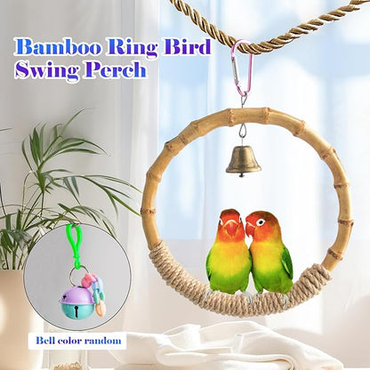 Bamboo Ring Bird Swing Perch,Large Circle Cage Hanging Toys,Bird Perch Climbing Toy Steady Natural Birds Hemp Rope Swings for Budgie,Cockatiels,Conures,Finches,Small Parakeets